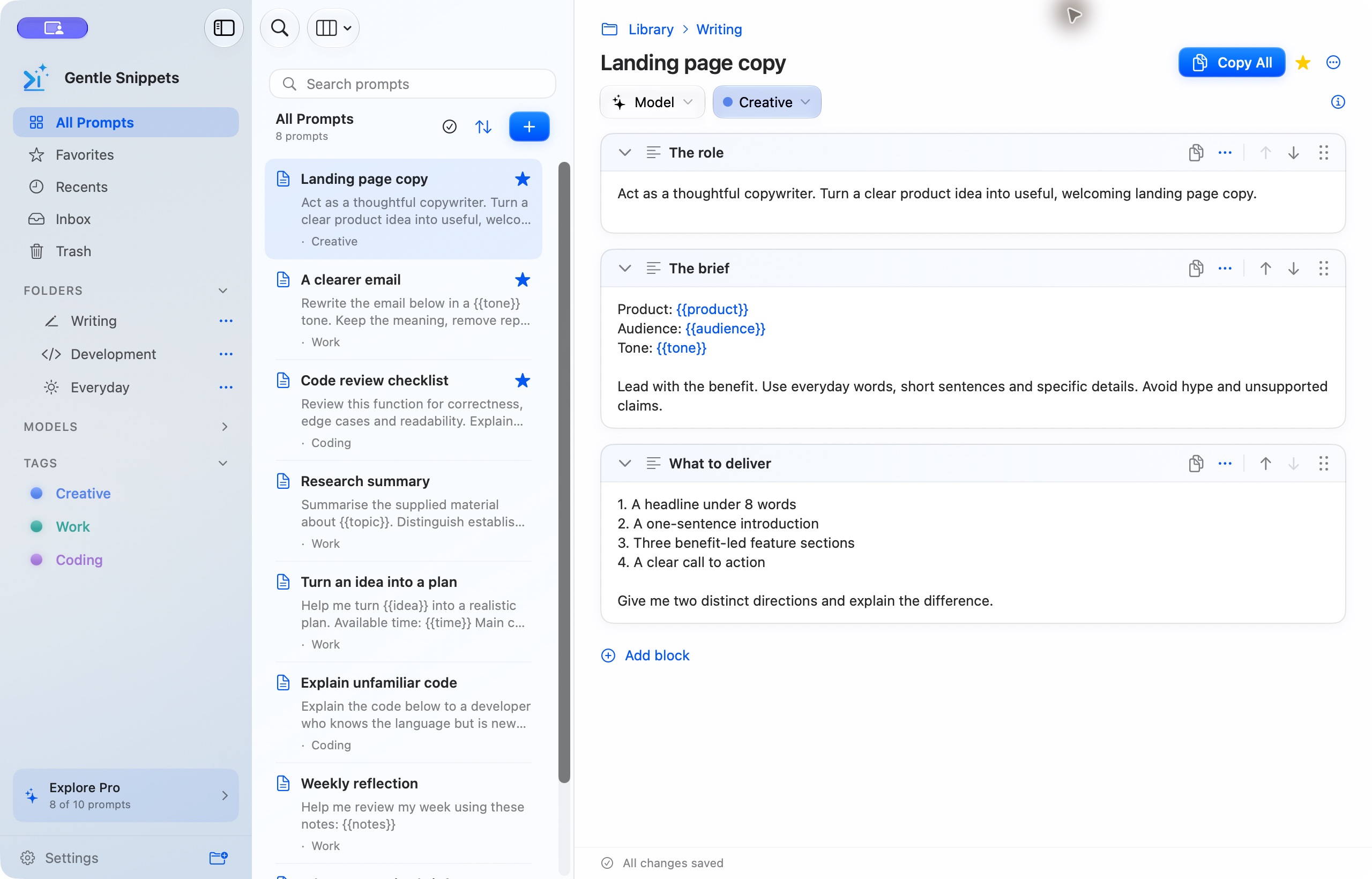 Gentle Snippets showing an organised prompt library