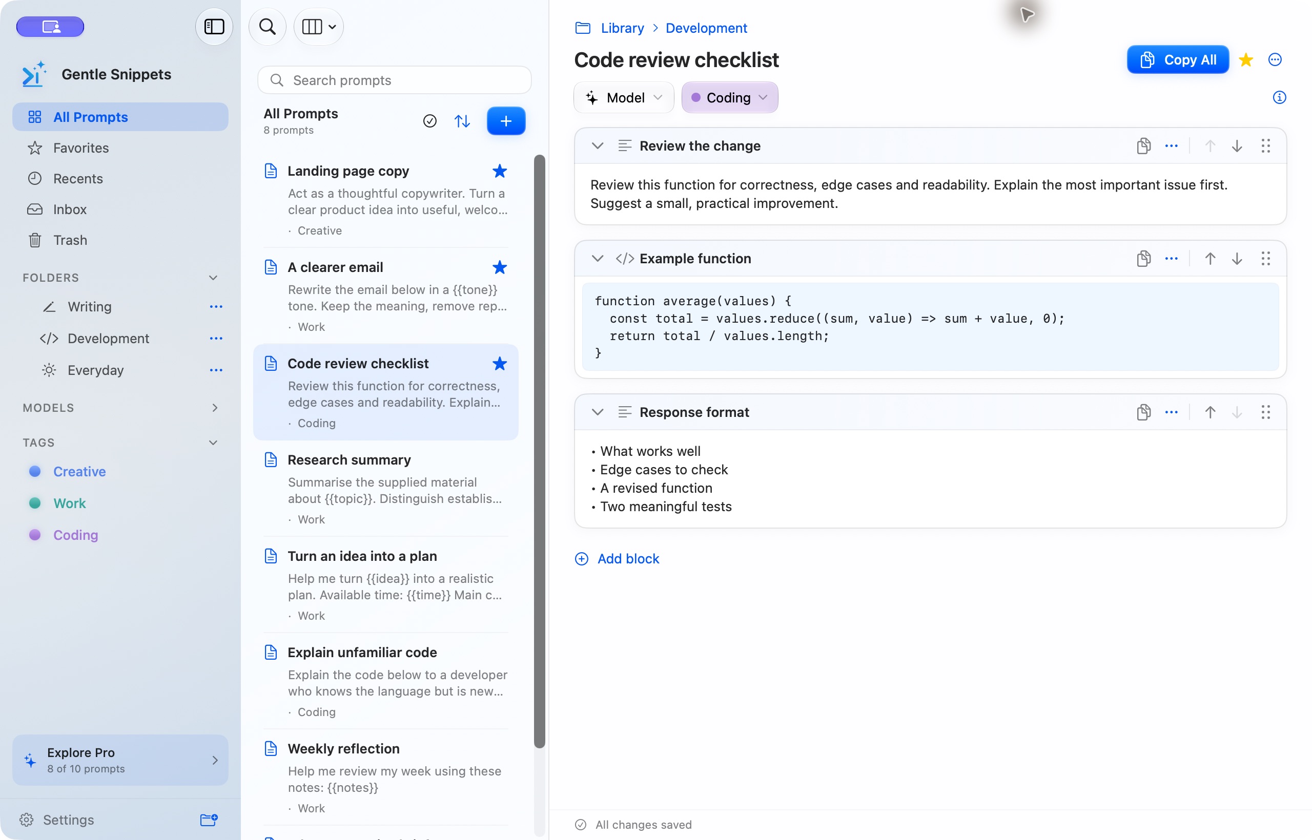 Named text and code blocks in the editor
