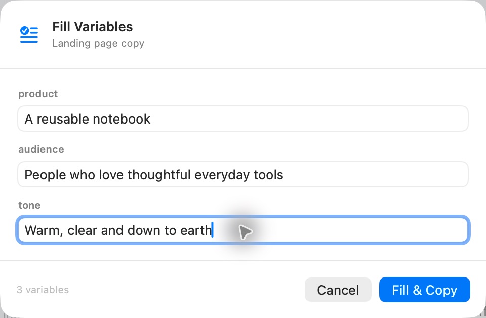 The variable entry sheet before copying a template