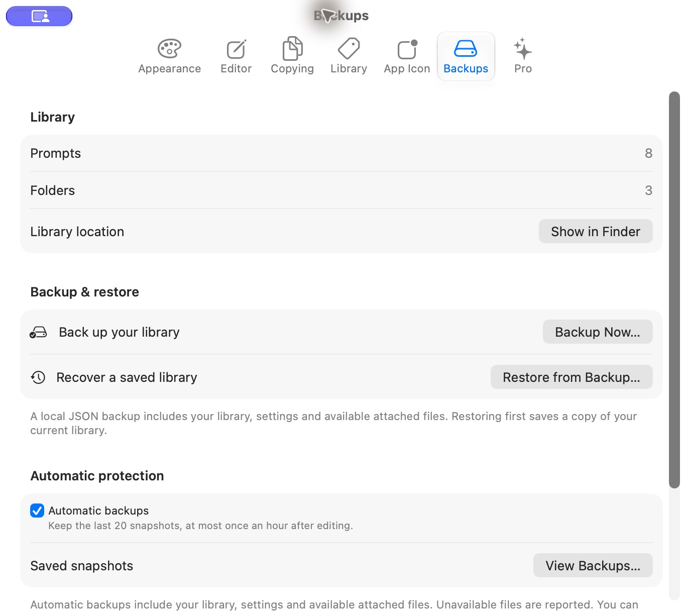 Local backup and restore settings